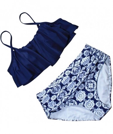 Sets Bikini Swimsuit for Women high Waisted Backless Swimwear Halter Bathing Suit - Navy Blue Print - C118TGDI7QC $34.33