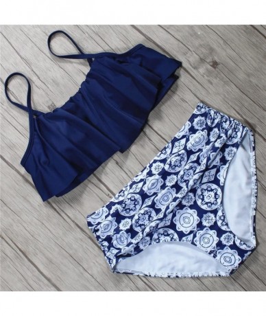 Sets Bikini Swimsuit for Women high Waisted Backless Swimwear Halter Bathing Suit - Navy Blue Print - C118TGDI7QC $34.33