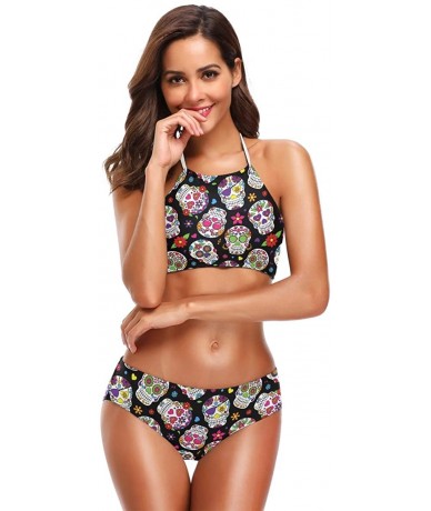 Racing Swimsuit Floral Flower Sugar Skull Pattern- Bikini Sets Swimwear Beach Suit Bathing Suit for Girls Women Lady - CK18RA...