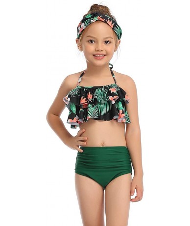 Trunks Family Matching Swimsuits Leaves Leopard Print Bathing Suit Tankini Bikini Set Swimwear - A2 Green Girls - CM194L8QH4M...