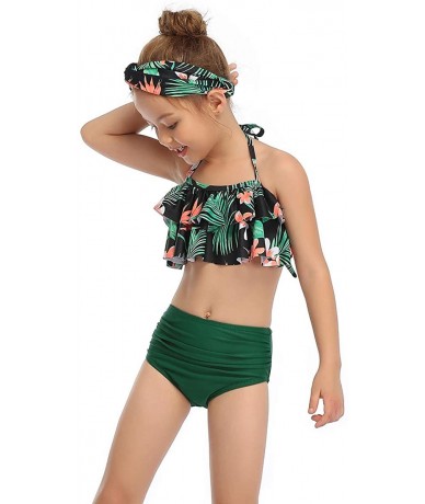 Trunks Family Matching Swimsuits Leaves Leopard Print Bathing Suit Tankini Bikini Set Swimwear - A2 Green Girls - CM194L8QH4M...