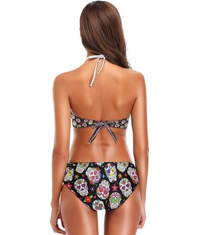 Racing Swimsuit Floral Flower Sugar Skull Pattern- Bikini Sets Swimwear Beach Suit Bathing Suit for Girls Women Lady - CK18RA...