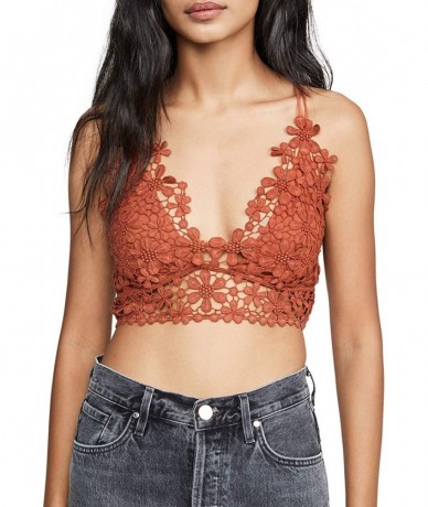 Tops Womens Floral Crochet Lace Cross Back Spaghetti Strap Bikini Top Bra - Red - CQ198XACLRW $46.07