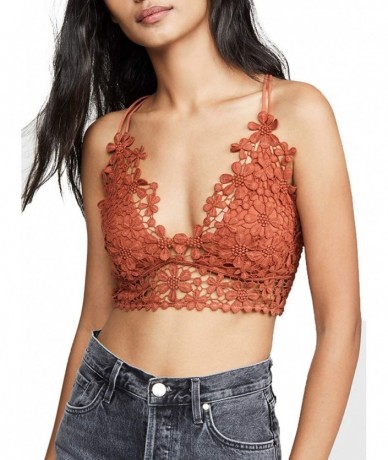 Tops Womens Floral Crochet Lace Cross Back Spaghetti Strap Bikini Top Bra - Red - CQ198XACLRW $46.07