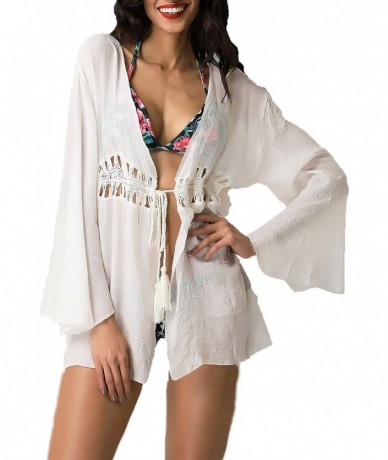 Cover-Ups Blue Island Women's Tie Front Crochet Tunic Swim Cover- White - CQ17YUD2IUH $64.69