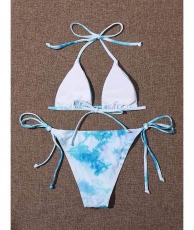 Sets Women's Sexy Bathing Suits Scallop Halter Bikini Top Floral Print Two Piece Swimsuits - Blue-1 - CZ19CGTCC62 $42.00