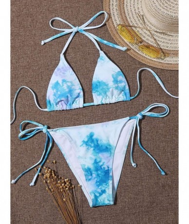 Sets Women's Sexy Bathing Suits Scallop Halter Bikini Top Floral Print Two Piece Swimsuits - Blue-1 - CZ19CGTCC62 $42.00