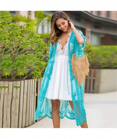 Cover-Ups Beach Dresses Women Summer Sexy Long Sleeve V Neck Boho Floral Lace Cover Up Loose See Through Mini Sundress B Blue...