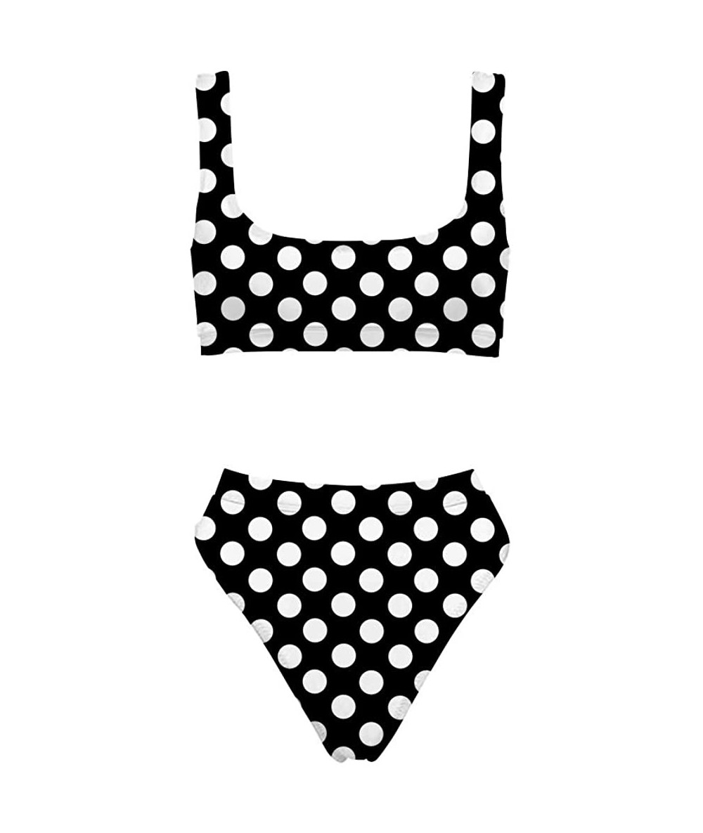 Sets Two Pieces Bikini Sets Sports Crop Top High Waisted High Cut Cheeky Swimsuit - Black Polka Dot - CX18QIR8T4E $41.16