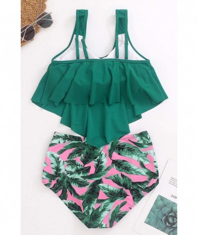 Sets Swimsuits for Women Swimwear High Waisted Bathing Suit Flounce Bikini Sets Print Tankinis - Green Top+pink Leaves Print ...