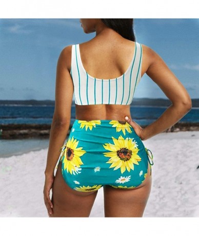 Cover-Ups Women Swimsuit Summer Sunflower High Waisted Printed Bathing Suits Tankini Swimwear - Green - C31994EKSWY $43.23