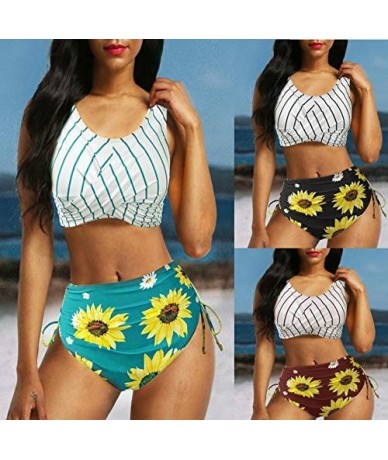 Cover-Ups Women Swimsuit Summer Sunflower High Waisted Printed Bathing Suits Tankini Swimwear - Green - C31994EKSWY $43.23