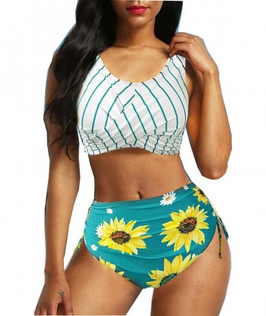 Cover-Ups Women Swimsuit Summer Sunflower High Waisted Printed Bathing Suits Tankini Swimwear - Green - C31994EKSWY $43.23