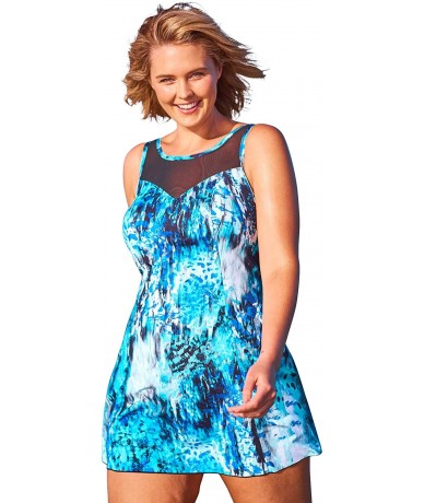 One-Pieces Women's Plus Size Mesh-Trim Swim Dress Swimsuit - Blue Abstract (0976) - CY195SS7ISC $73.63