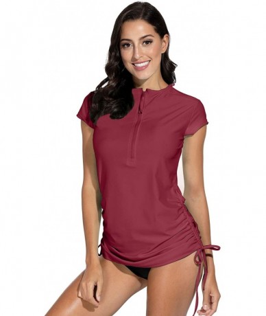 Rash Guards Women's UV Sun Protection 1/4 Zip Short Sleeve Rash Guard Swimsuit Top - Purple - CT18Y4ESE2I $43.57