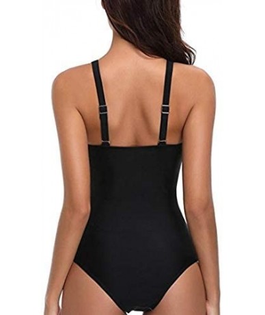 One-Pieces Women One Piece Vintage V Neck Floral Printed Ruched Tummy Control Monokini Swimsuit - Black - CD1800M4MZ8 $29.01