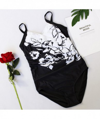 One-Pieces Women One Piece Vintage V Neck Floral Printed Ruched Tummy Control Monokini Swimsuit - Black - CD1800M4MZ8 $29.01