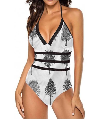 Tops V Neck Lace Up Swimsuits Different Types of Trees Super Cute and Unique - Multi 01 - CE19C4NAKSS $70.34