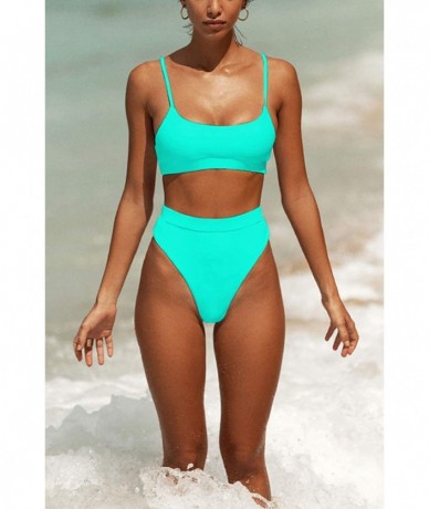 Sets Womens Swimsuits High Waist Crop Sports Bikini Sets Two Piece High Cut Bathing Suits Swimwear - Lake Green - CV1963AKAZH...