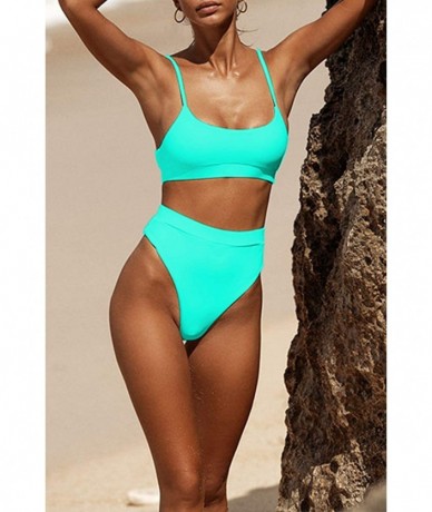 Sets Womens Swimsuits High Waist Crop Sports Bikini Sets Two Piece High Cut Bathing Suits Swimwear - Lake Green - CV1963AKAZH...