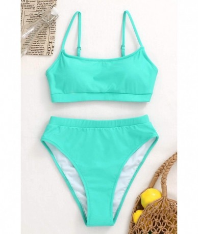 Sets Womens Swimsuits High Waist Crop Sports Bikini Sets Two Piece High Cut Bathing Suits Swimwear - Lake Green - CV1963AKAZH...