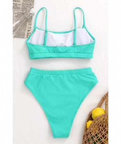 Sets Womens Swimsuits High Waist Crop Sports Bikini Sets Two Piece High Cut Bathing Suits Swimwear - Lake Green - CV1963AKAZH...