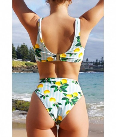 Sets Women's High Waisted Bikini Front Cutout Knot Two Piece Swimsuits Lemon Print Set - CW194UZ8TCC $49.60