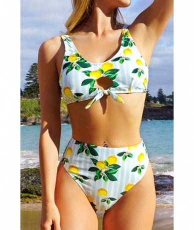 Sets Women's High Waisted Bikini Front Cutout Knot Two Piece Swimsuits Lemon Print Set - CW194UZ8TCC $49.60