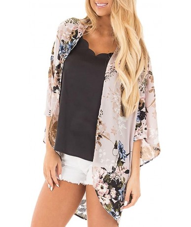 Cover-Ups Women Summer Floral Three Quarter Chiffon Kimono Flare Sleeve Cardigans Blouse Cover Ups - Beige - C618GAMR9AQ $26.46