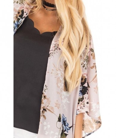 Cover-Ups Women Summer Floral Three Quarter Chiffon Kimono Flare Sleeve Cardigans Blouse Cover Ups - Beige - C618GAMR9AQ $26.46