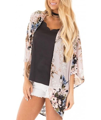 Cover-Ups Women Summer Floral Three Quarter Chiffon Kimono Flare Sleeve Cardigans Blouse Cover Ups - Beige - C618GAMR9AQ $26.46