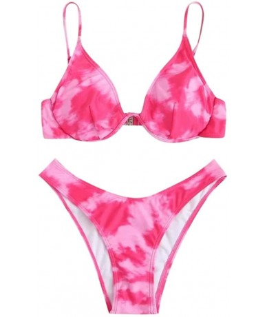 Sets Women Tie-Dye Print Graffiti Bikini Push-Up Swimsuit Beachwear Padded Brazilian Swimwear - Hot Pink - C219CQHIOY4 $29.17