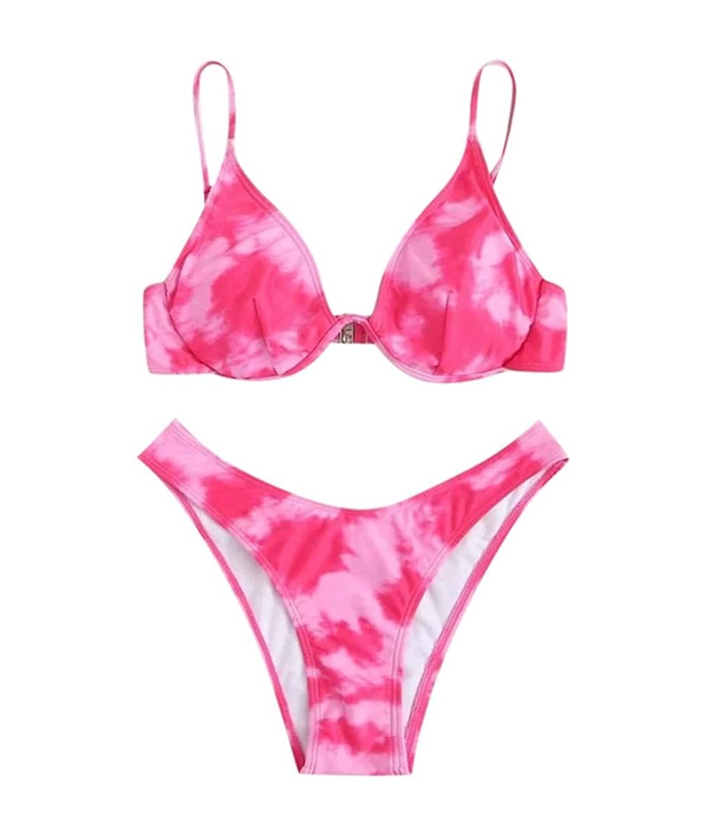 Sets Women Tie-Dye Print Graffiti Bikini Push-Up Swimsuit Beachwear Padded Brazilian Swimwear - Hot Pink - C219CQHIOY4 $29.17