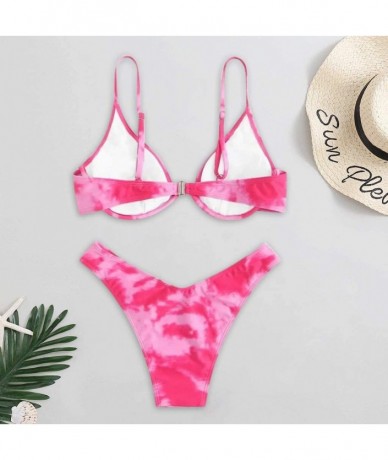 Sets Women Tie-Dye Print Graffiti Bikini Push-Up Swimsuit Beachwear Padded Brazilian Swimwear - Hot Pink - C219CQHIOY4 $29.17