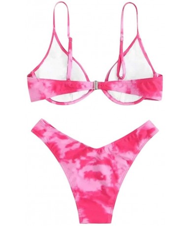 Sets Women Tie-Dye Print Graffiti Bikini Push-Up Swimsuit Beachwear Padded Brazilian Swimwear - Hot Pink - C219CQHIOY4 $29.17