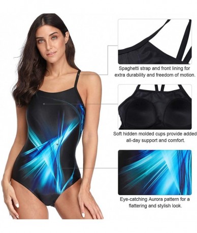 Racing Women's Sport Pro One Piece Swimsuit Athletic Racerback Swimwear - Black-green Aurora - CN18YKOAYAD $47.56