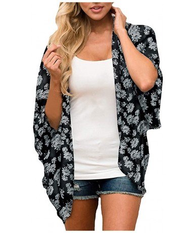 Cover-Ups Women Print Kimono Cardigan V Neck Loose Beach Cover Up Floral Print Sheer Chiffon Loose Kimono Cardigan Capes - C ...