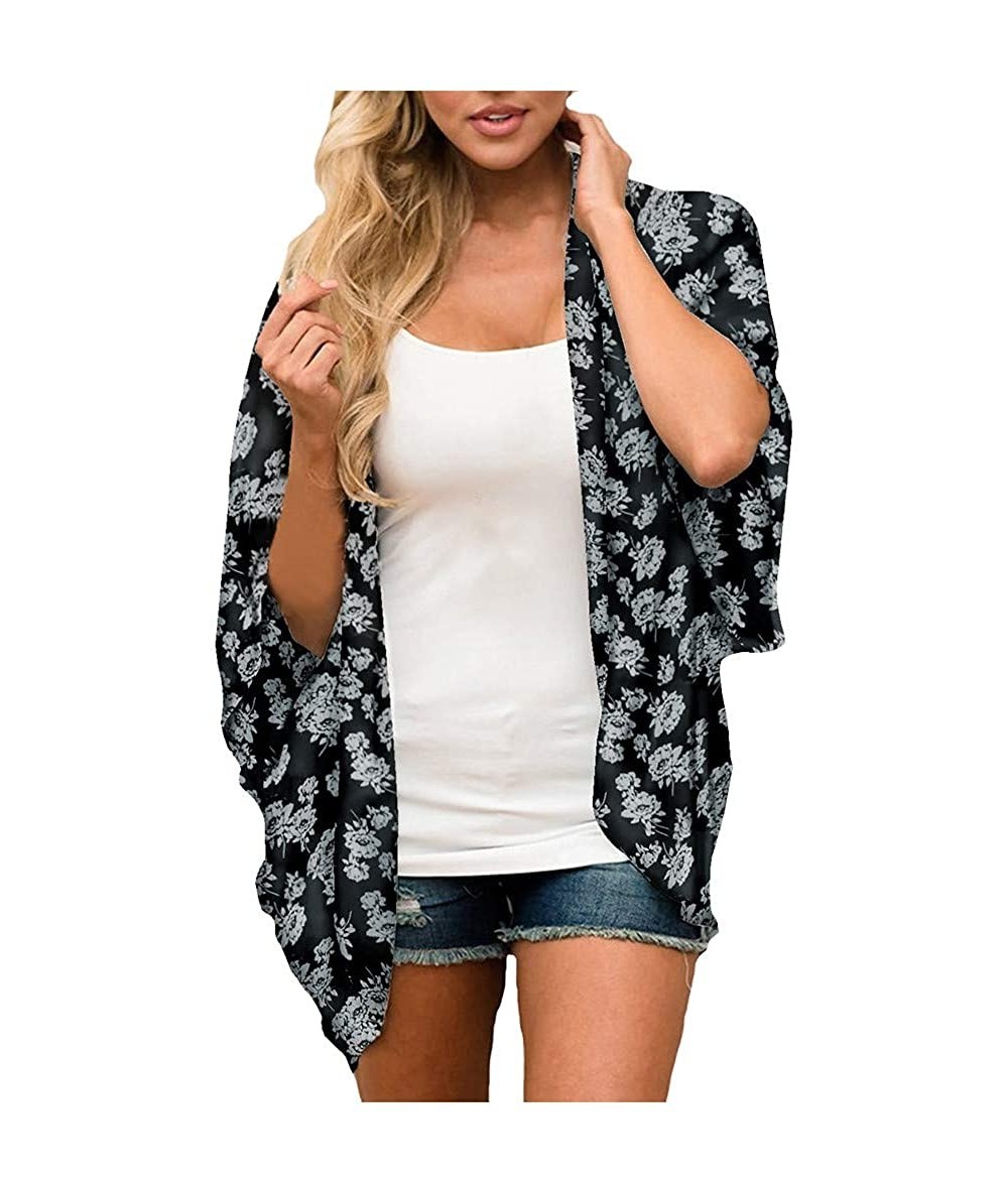 Cover-Ups Women Print Kimono Cardigan V Neck Loose Beach Cover Up Floral Print Sheer Chiffon Loose Kimono Cardigan Capes - C ...