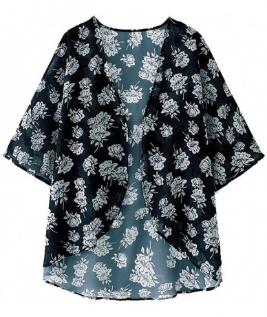 Cover-Ups Women Print Kimono Cardigan V Neck Loose Beach Cover Up Floral Print Sheer Chiffon Loose Kimono Cardigan Capes - C ...