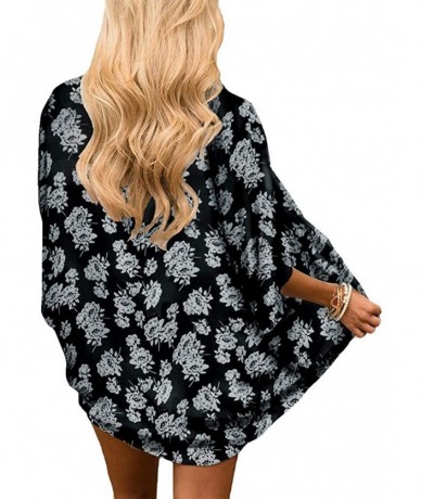 Cover-Ups Women Print Kimono Cardigan V Neck Loose Beach Cover Up Floral Print Sheer Chiffon Loose Kimono Cardigan Capes - C ...