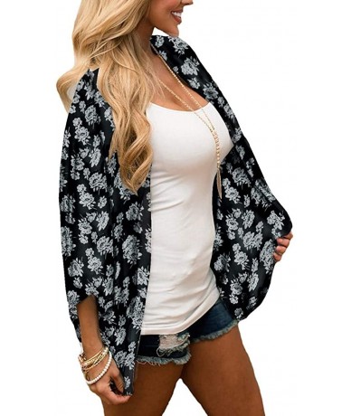 Cover-Ups Women Print Kimono Cardigan V Neck Loose Beach Cover Up Floral Print Sheer Chiffon Loose Kimono Cardigan Capes - C ...