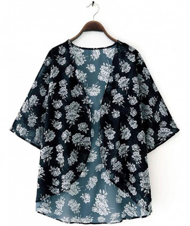 Cover-Ups Women Print Kimono Cardigan V Neck Loose Beach Cover Up Floral Print Sheer Chiffon Loose Kimono Cardigan Capes - C ...