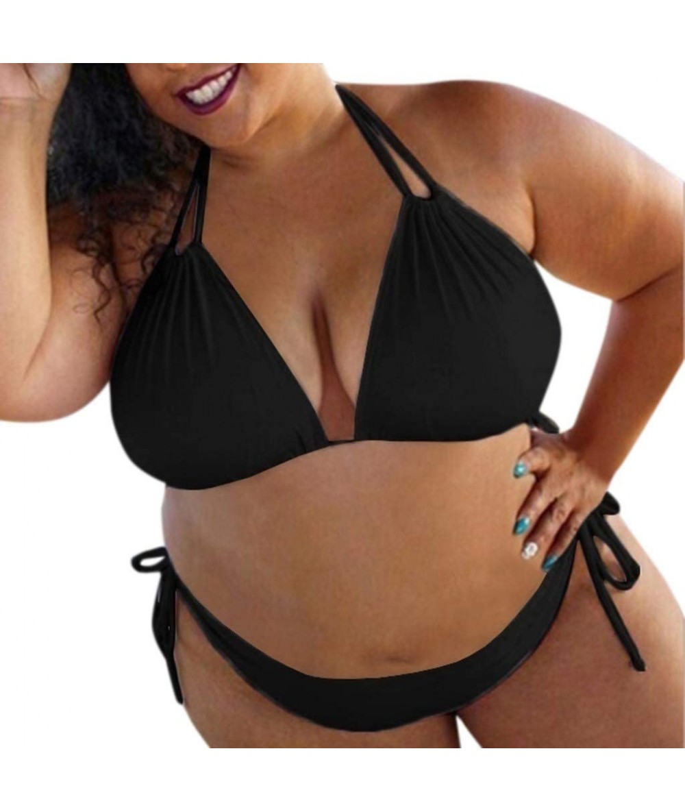 Sets Women's Bikini Set Spaghetti Strap Plus Size Solid Color Swimsuit Sexy Two Piece Beach Bathing Suit - Black - C2196H38EG...