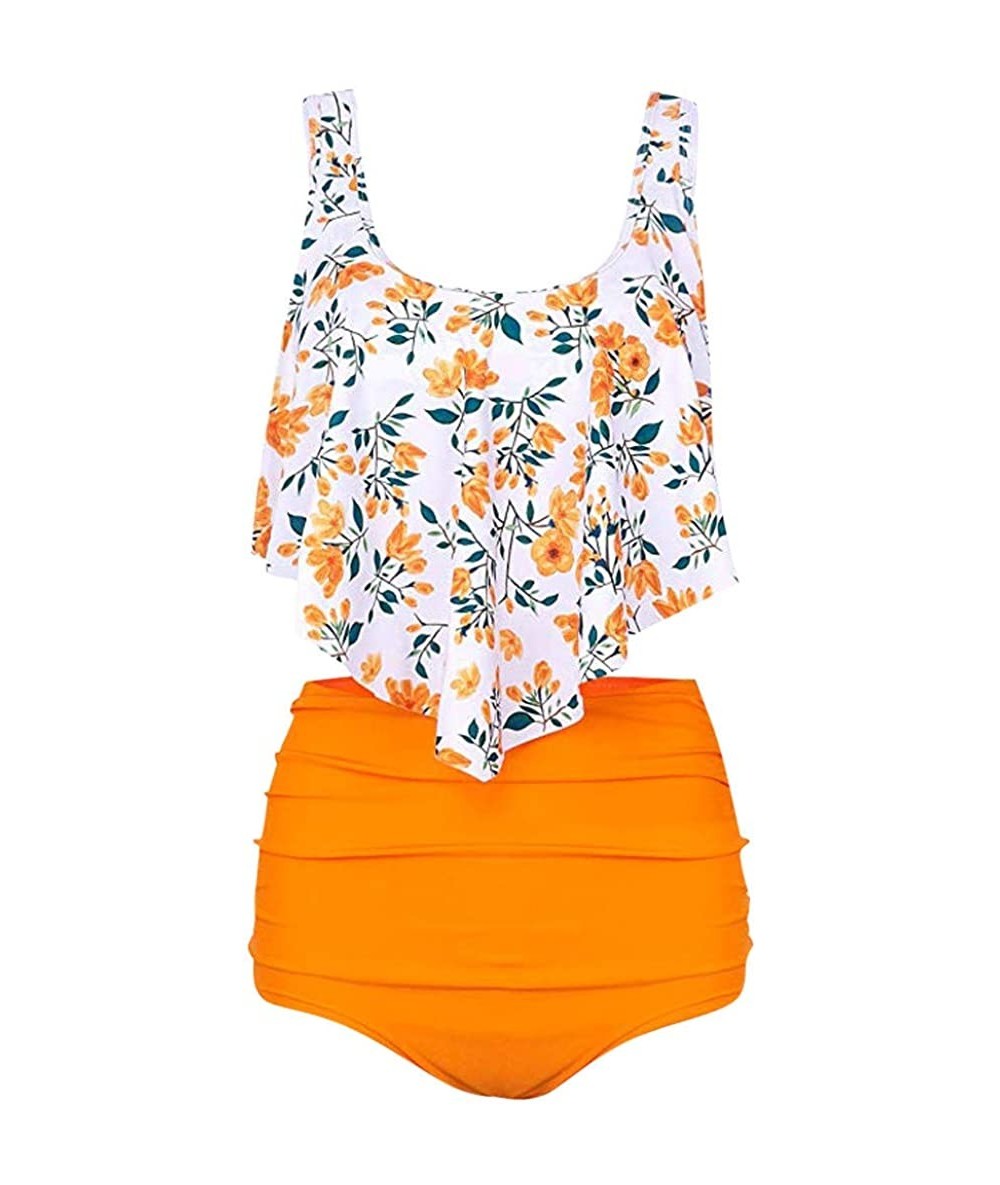 Sets Swimsuit for Women Two Pieces Ruffle High Waisted Bottom Tankini Bikini Set Print Bathing Suit Beach Swimwear Orange - C...