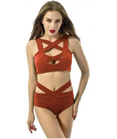 Tankinis Women's Sexy Criss Cross High Waist Bandage 2PCS Bikini Set Swimsuit - Orange - CH18396ATZD $18.15