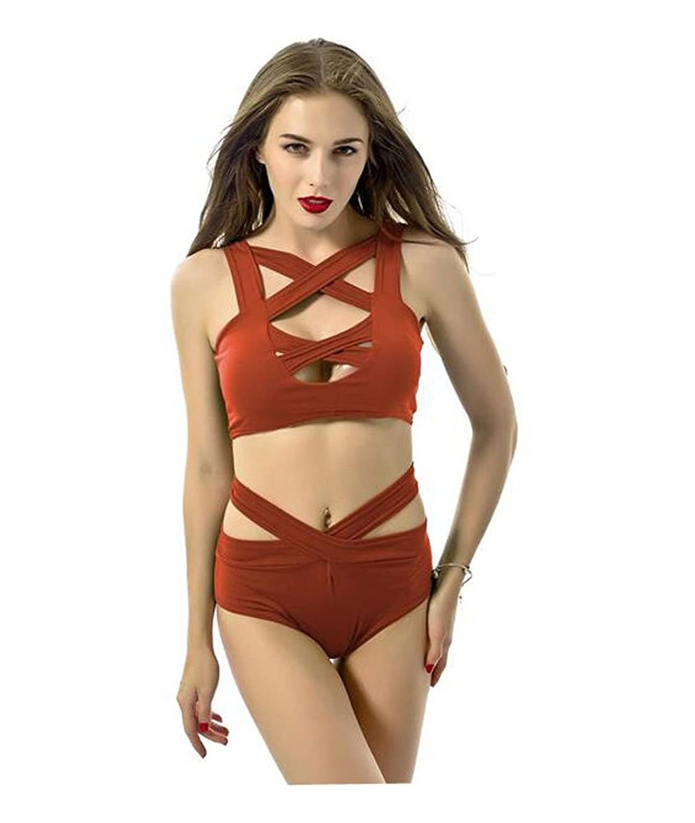 Tankinis Women's Sexy Criss Cross High Waist Bandage 2PCS Bikini Set Swimsuit - Orange - CH18396ATZD $18.15