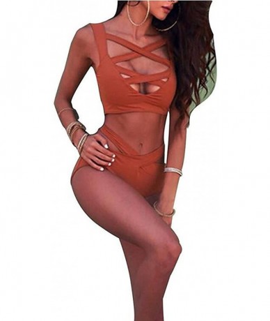 Tankinis Women's Sexy Criss Cross High Waist Bandage 2PCS Bikini Set Swimsuit - Orange - CH18396ATZD $18.15