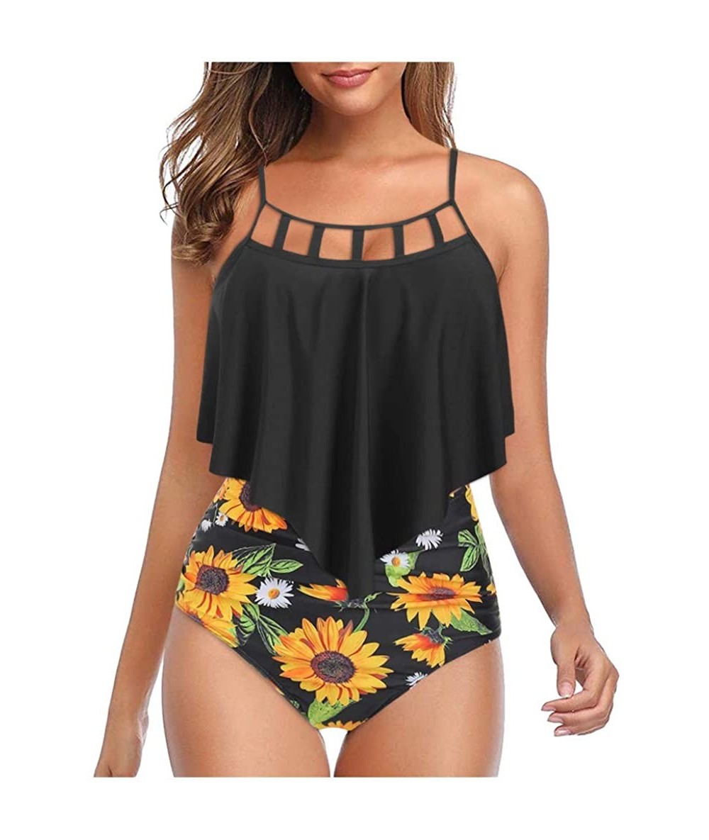 Racing Womens Bikini Set Two Piece Tankini Cutout Ruffled Top with High Waisted Sunflower Print Bottom Bathing Suits Black - ...