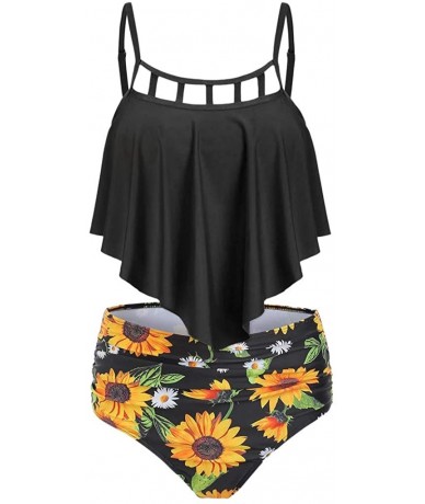 Racing Womens Bikini Set Two Piece Tankini Cutout Ruffled Top with High Waisted Sunflower Print Bottom Bathing Suits Black - ...