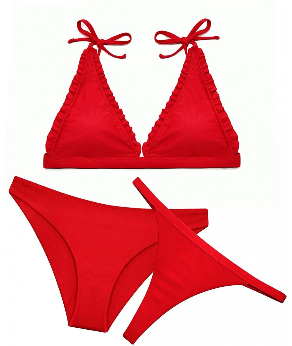 Sets Women's Ruffle Trim V-Neck Halter Bikini Top Brazilian Cheeky Thong Bottom - Red-b - CG1962HK5GE $31.42